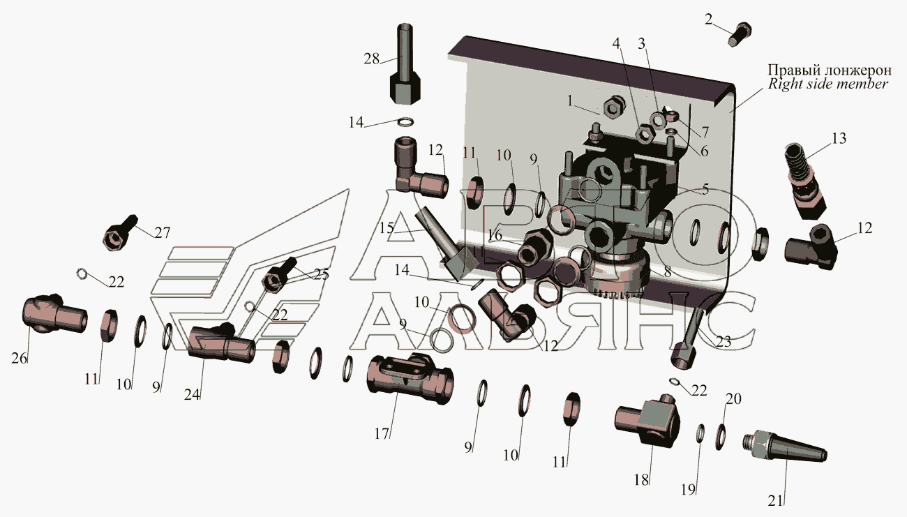 Установка ускорительного клапана и присоединительной арматуры МАЗ-642505 (210,211) МАЗ-642505, 642508