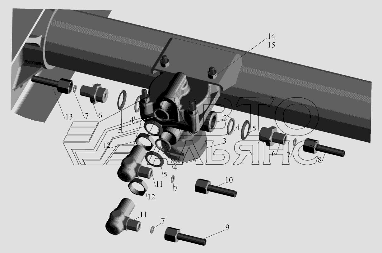 Крепление клапана ускорительного 4370-3518004 и присоединительной арматуры МАЗ-437041 (Зубренок)