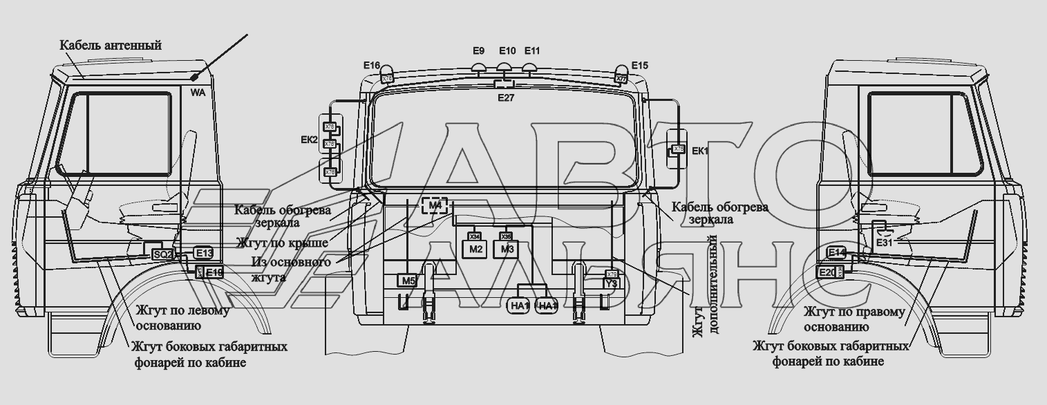 Расположение разъемов и элементов электрооборудования на малой кабине автомобилей-самосвалов с трехсторонней разгрузкой МАЗ-551605