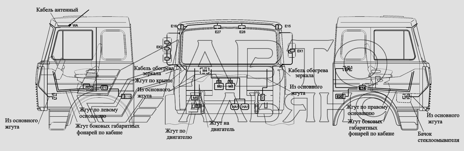 Расположение разъемов и элементов электрооборудовния на большой кабине автомобилей-самосвалов с задней разгрузкой и самосвальных шасси МАЗ-551669