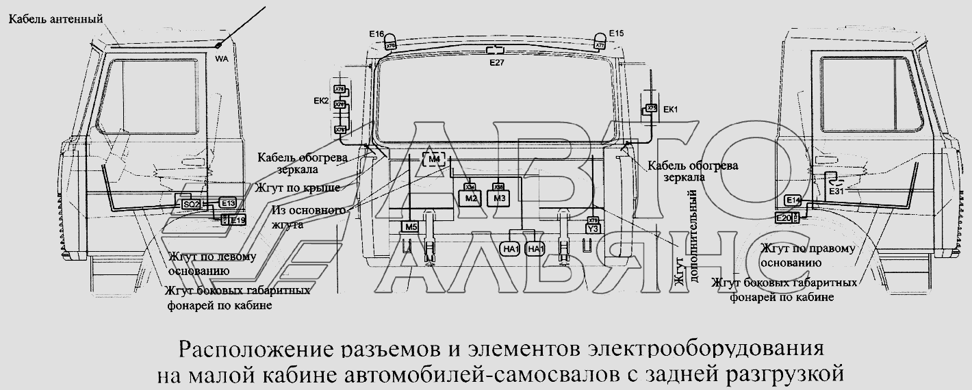 Расположение разъемов и элементов электрооборудования на малой кабине автомобилей-самосвалов с задней разгрузкой МАЗ-5516А5