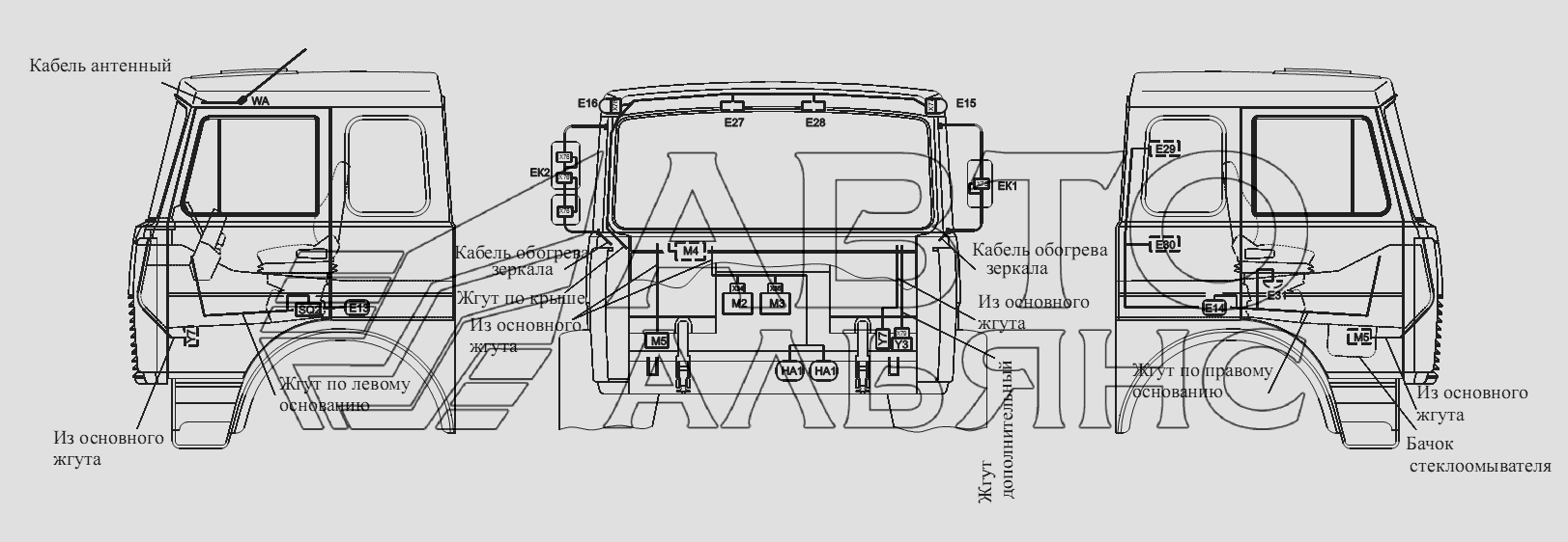 Расположение разъемов и элементов электрооборудования на большой кабине автомобилей-самосвалов с задней разгрузкой и самосвальных шасси МАЗ-555102, 5551А2