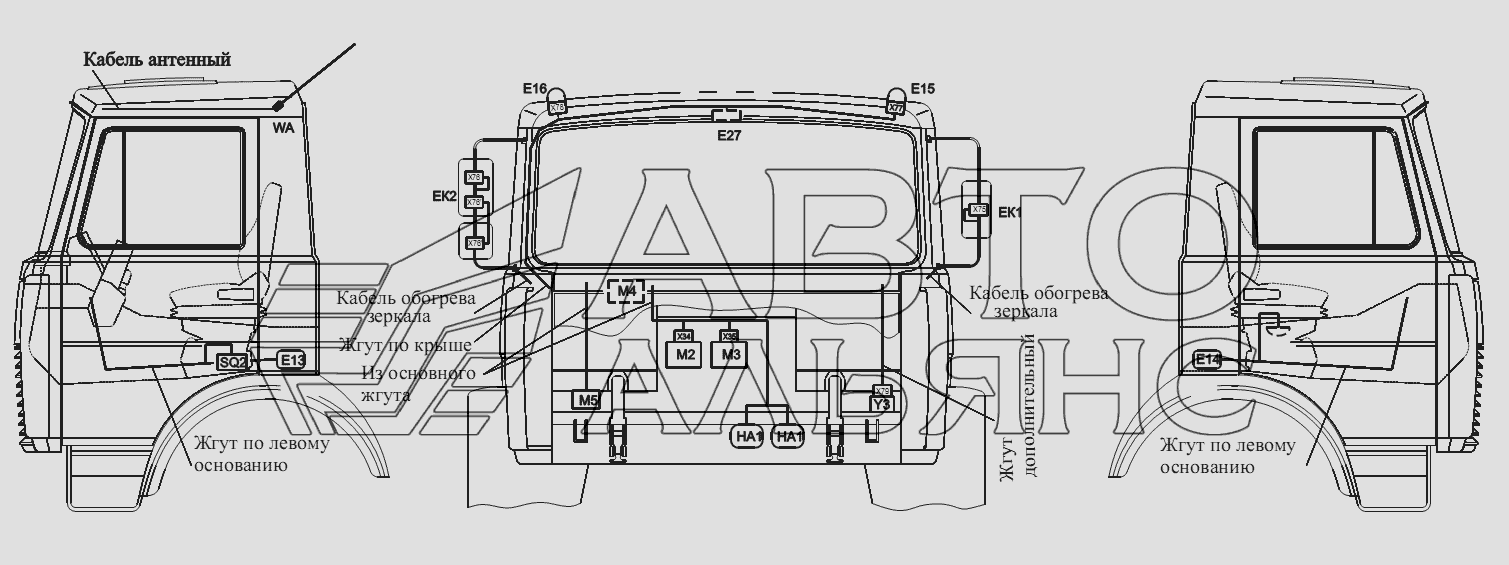 Расположение разъемов и элементов электрооборудования на малой кабине автомобилей-самосвалов с задней разгрузкой МАЗ-555102, 5551А2