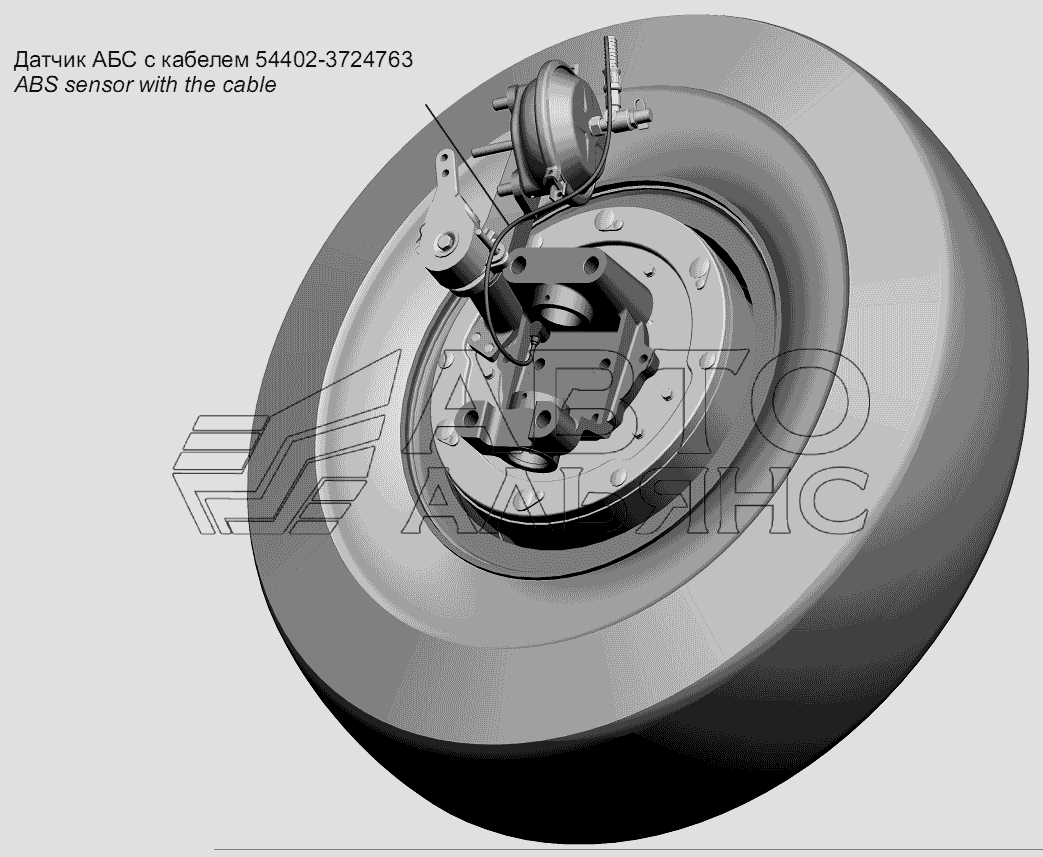 Установка датчика АБС с кабелем на переднем колесе МАЗ-555102, 5551А2