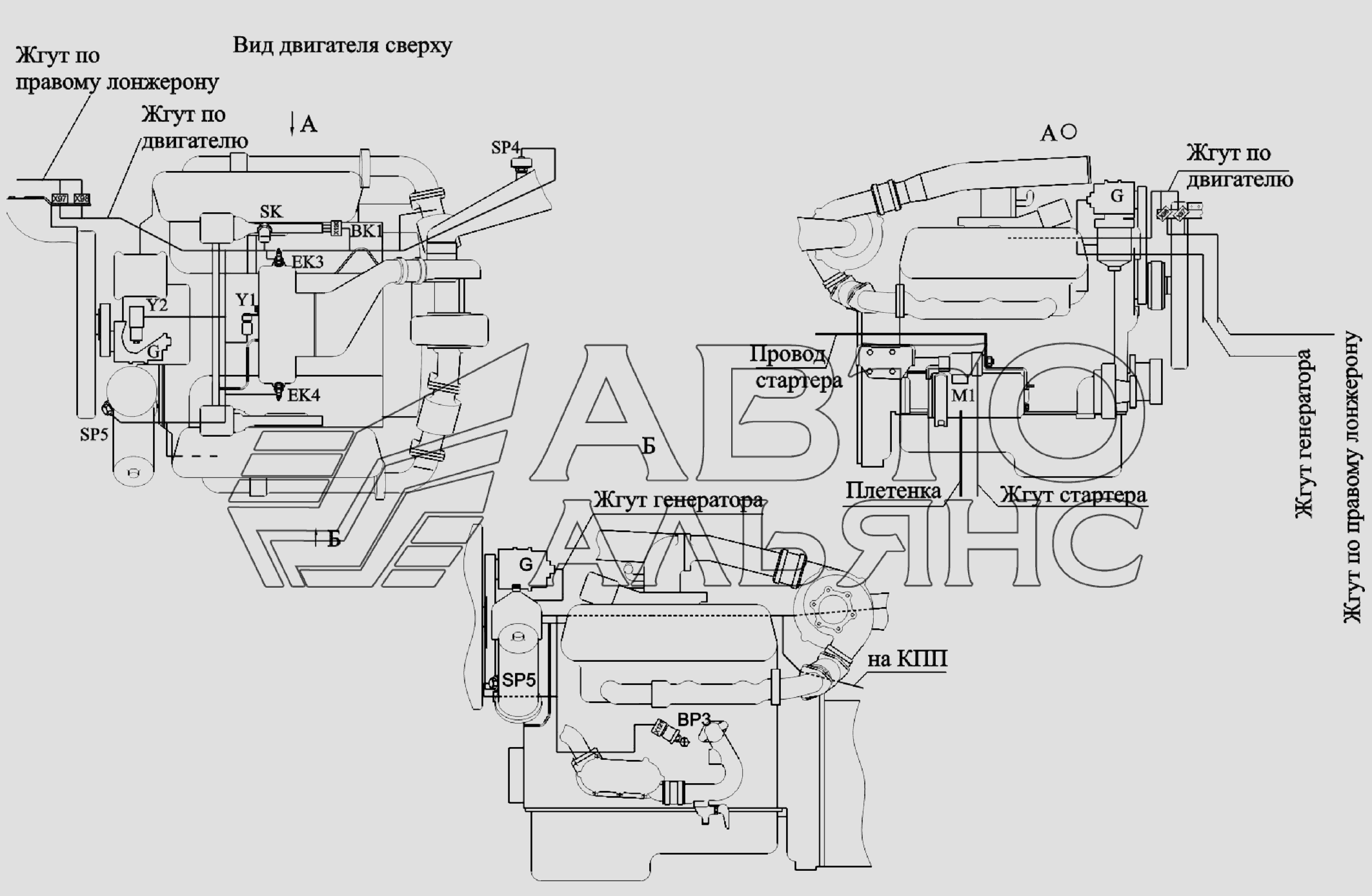 Расположение разъемов и элементов электрооборудования на двигателе ЯМЗ-6562.10 МАЗ-6303A3, 6303A5