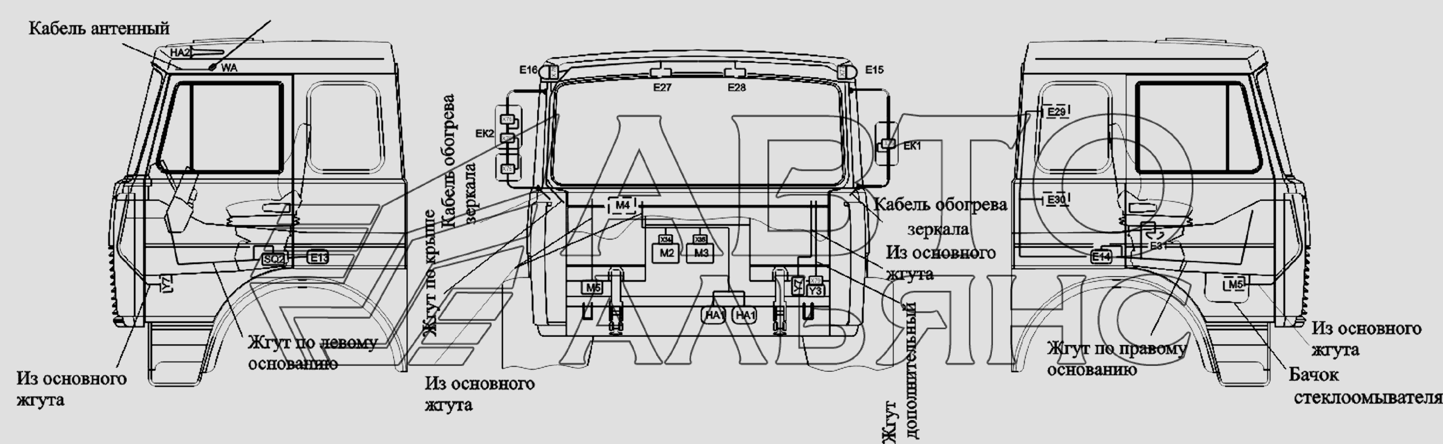 Расположение разъемов и элементов электрооборудования на большой кабине автомобилей-шасси МАЗ-6303A3, 6303A5