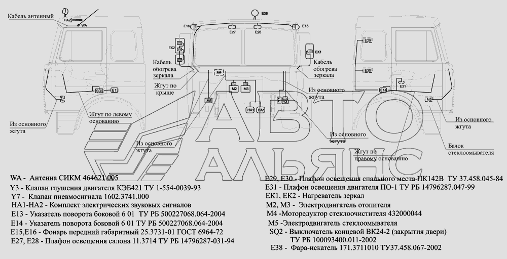 Расположение разъемов и элементов электрооборудования на большой кабине МАЗ-631705