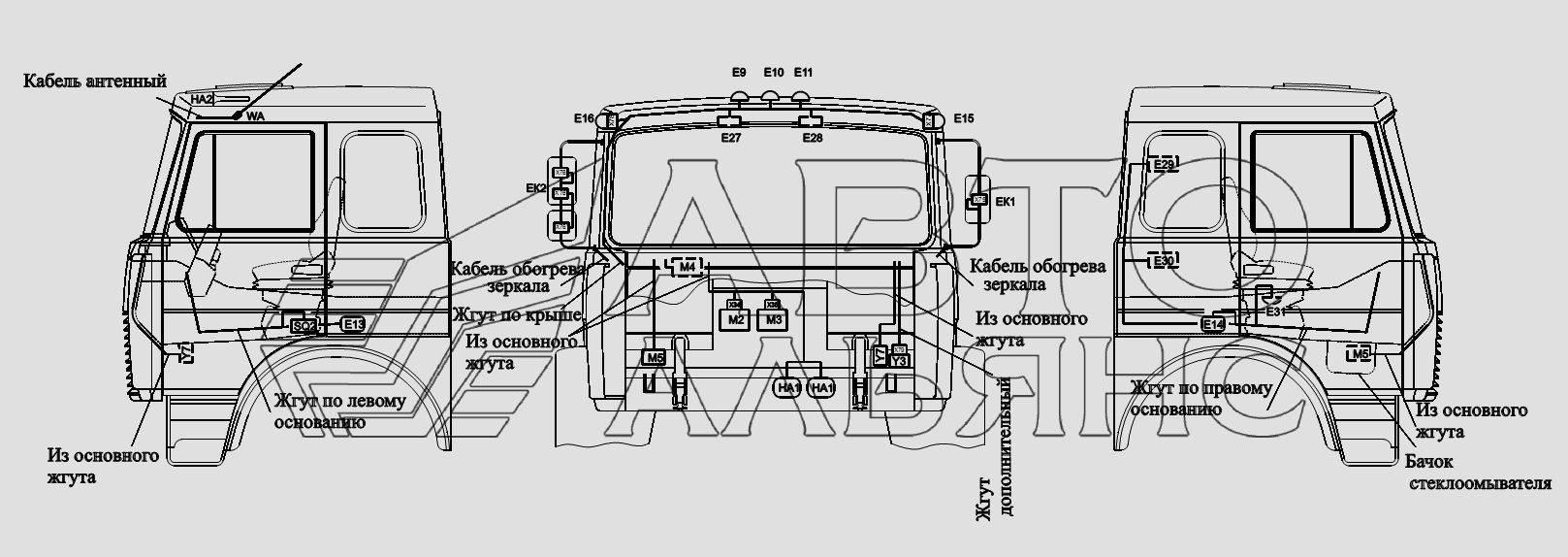Расположение разъемов и элементов электрооборудования на большой кабине Автомобиля МАЗ-6422, 5432
