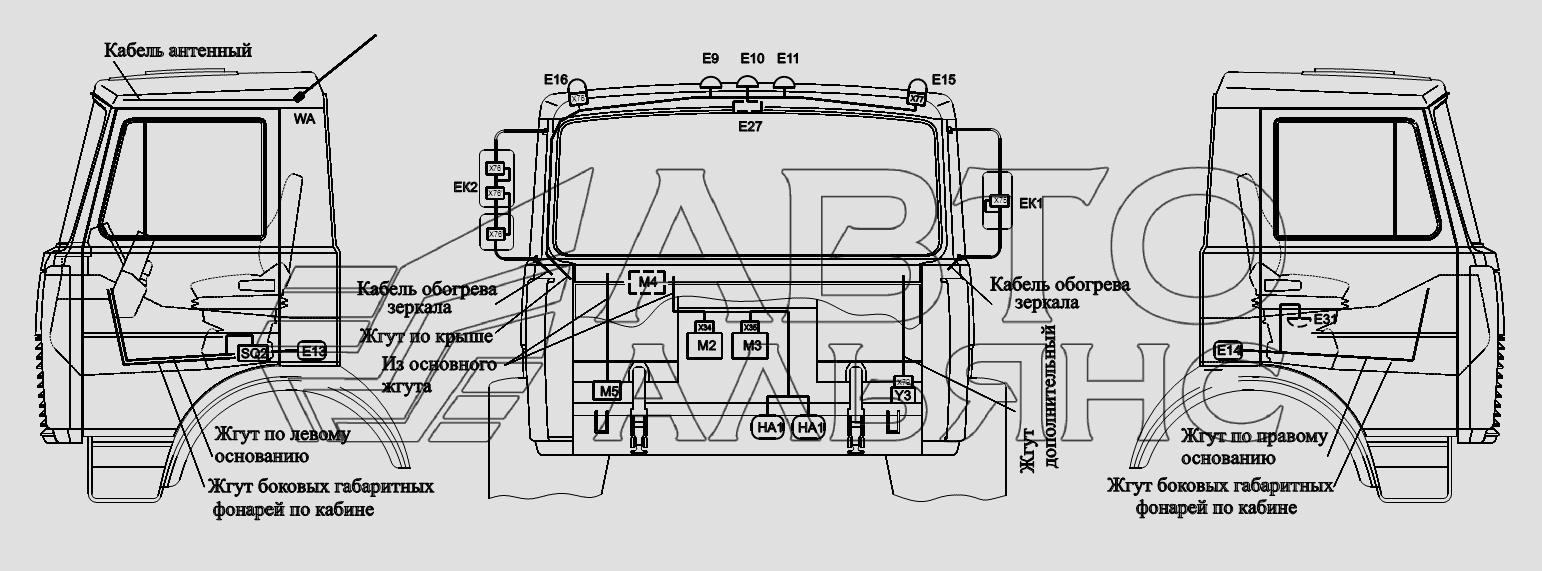Расположение разъемов и элементов электрооборудования на малой кабине Автомобилей МАЗ-6422, 5432