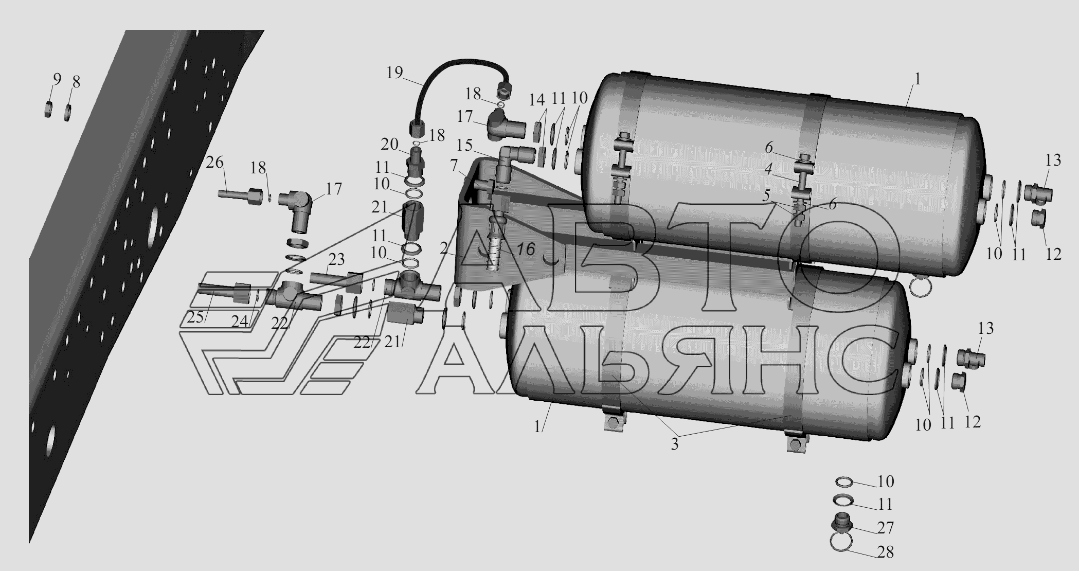 Установка ресиверов 544020-3513005 МАЗ-6430A8 (5440A8, 5440A5)