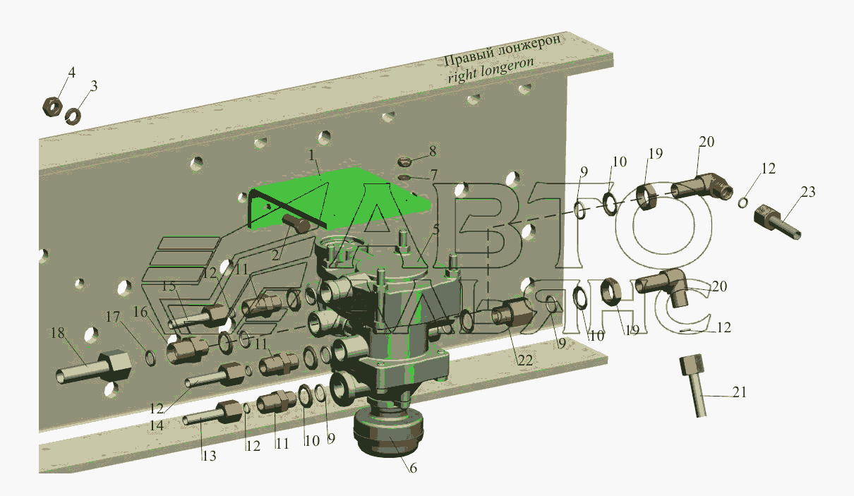 Крепление клапана управления тормозами прицепа 650108-3522005 и присоединительной арматуры МАЗ-650108
