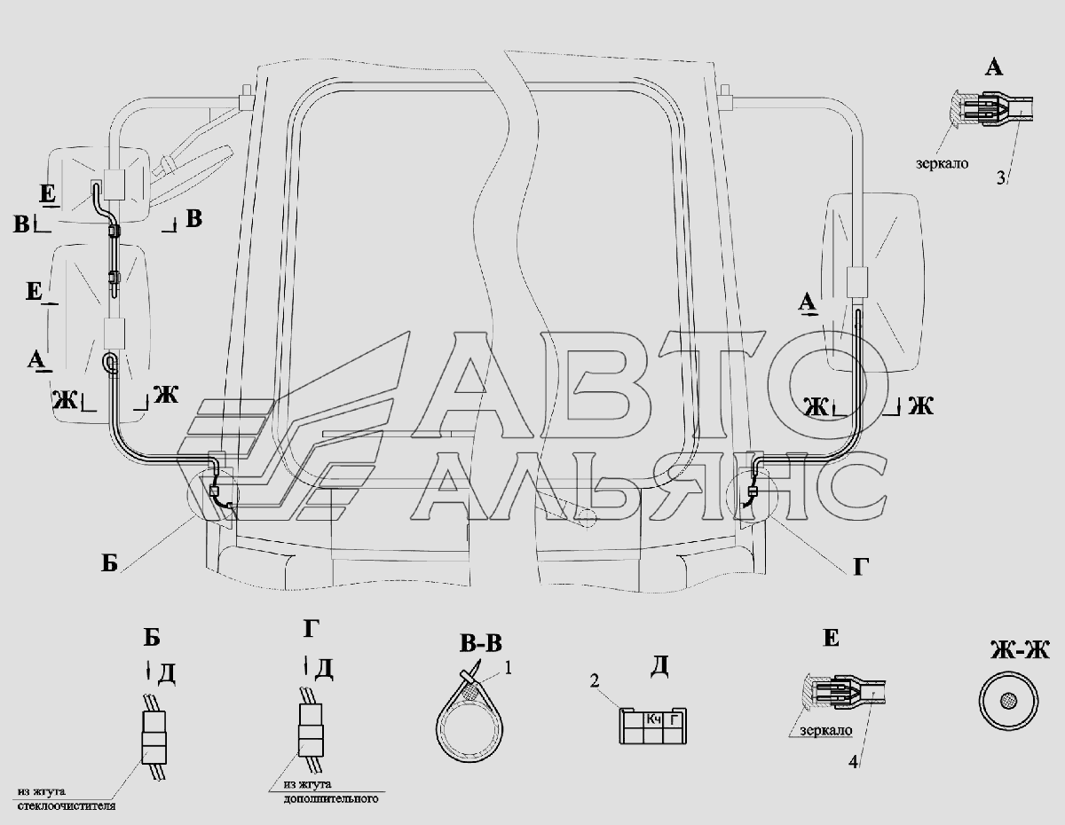 Установка кабелей обогрева зеркал 6430-3700108, (-700) МАЗ-6516V8-520 (6516V8-540)