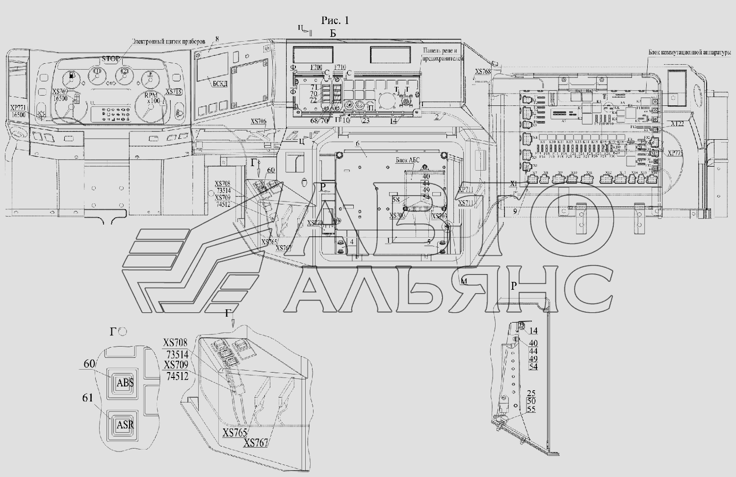 Установка электрооборудования АБС по кабине МАЗ-6516V8-520 (6516V8-540)