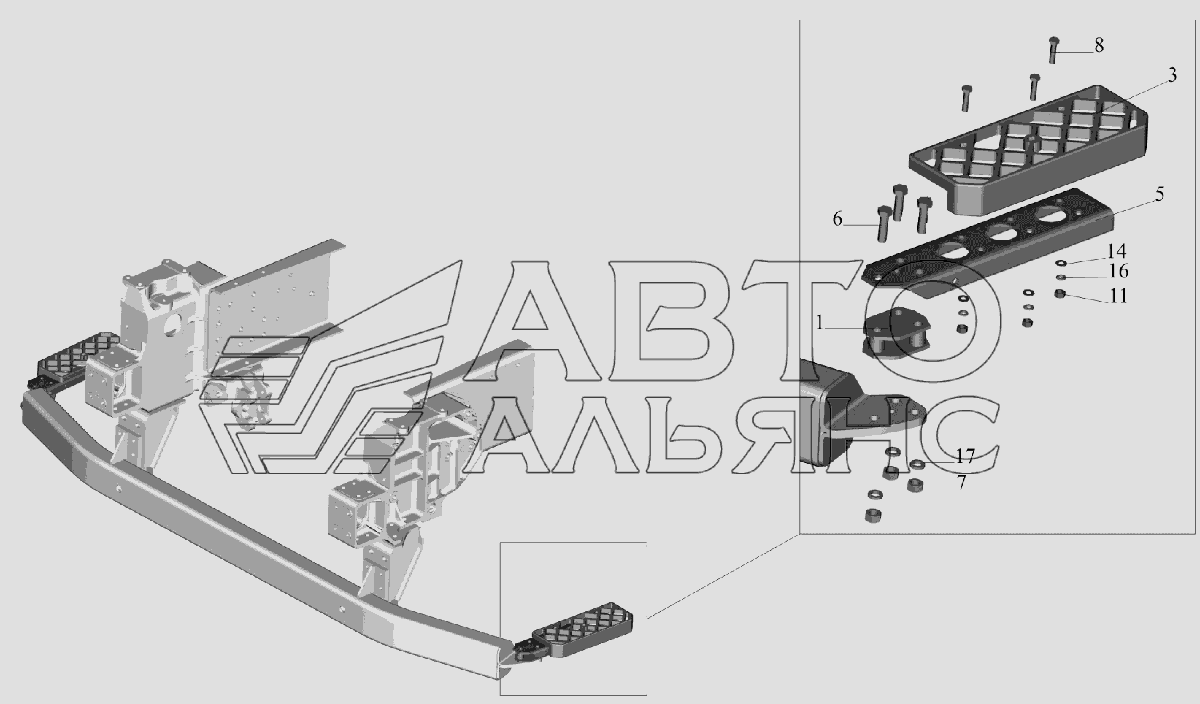Установка нижней подножки 6516V8-8400016-000 МАЗ-6516V8-520 (6516V8-540)