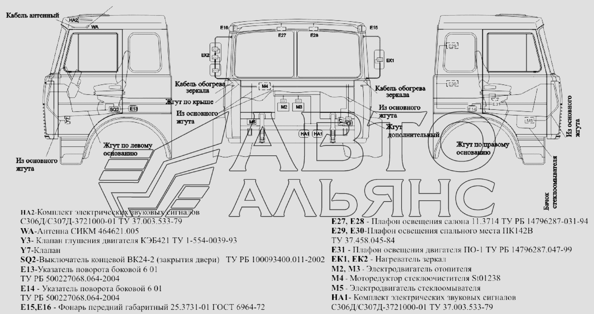 Расположение разъемов и элементов электрооборудования на большой кабине автомобилей МАЗ-651705