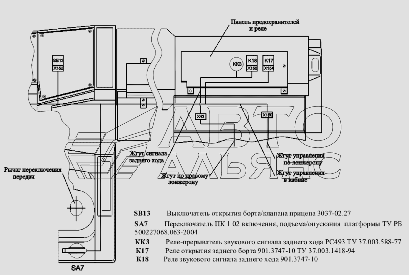 Расположение разъемов и элементов электрооборудования на управления подъемом и опусканием платформы МАЗ-651705