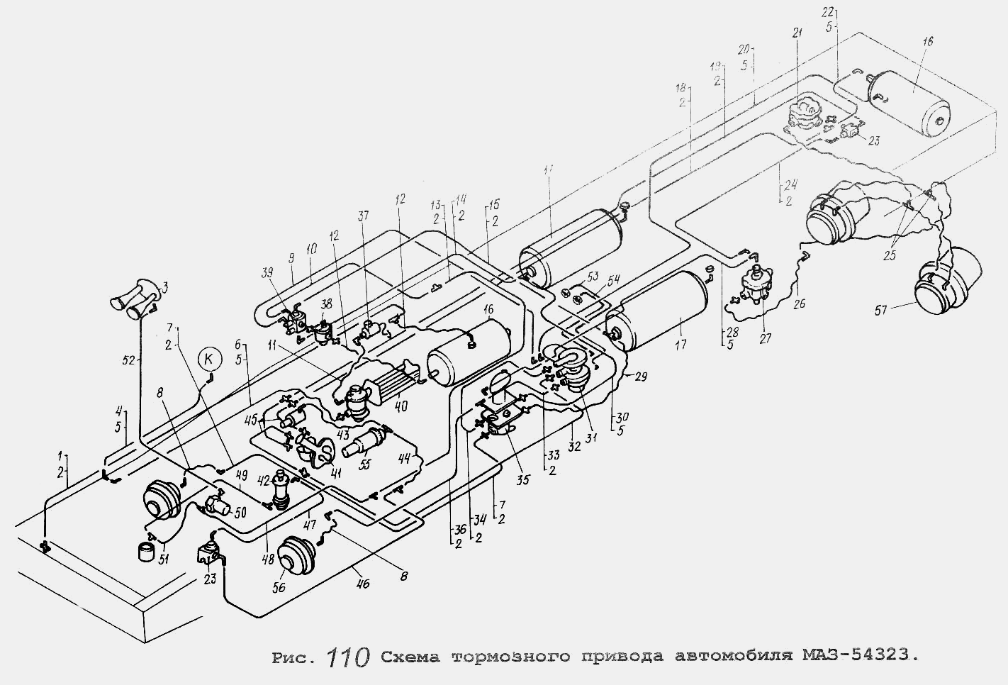 Схема тормозного привода автомобиля МАЗ-54323 МАЗ  -  общий  каталог