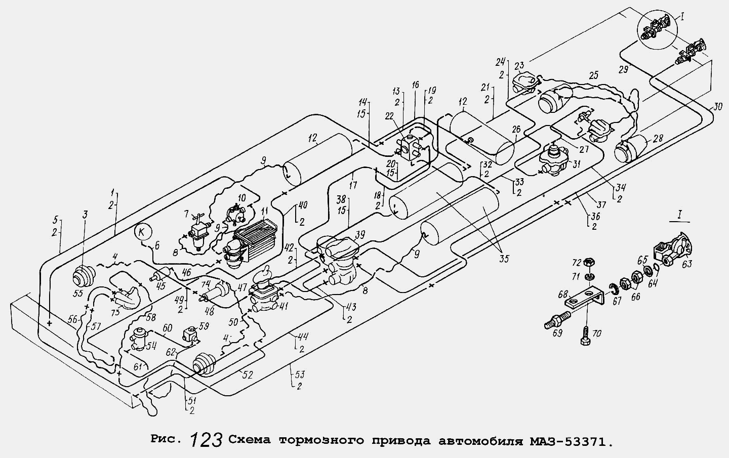 Схема тормозного привода автомобиля МАЗ-53371 МАЗ  53371
