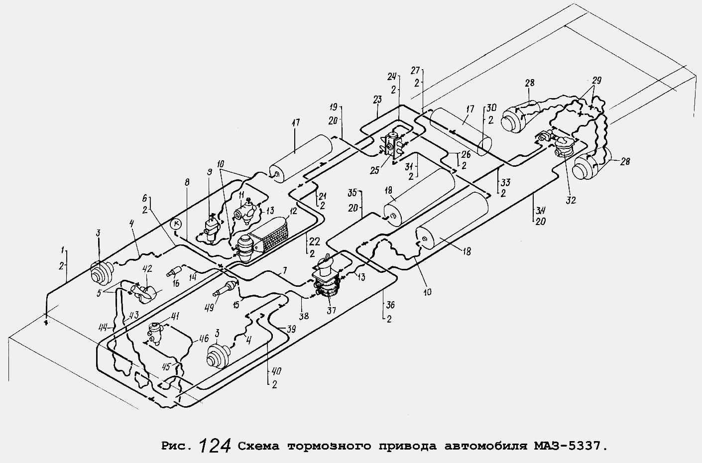 Схема тормозного привода автомобиля МАЗ-5337 МАЗ  -  общий  каталог