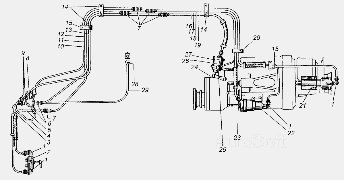 Воздухопроводы системы управления раздаточной коробкой МАЗ-509А МАЗ  5429