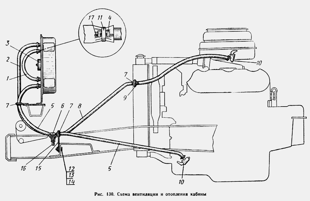 Схема вентиляции и отопления кабины МАЗ  503А