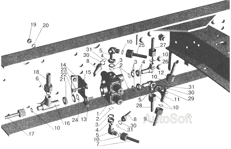 Крепление четырехконтурного клапана (рессорная подвеска, без ограничения скорости) МАЗ-543208, 543205 МАЗ  6422