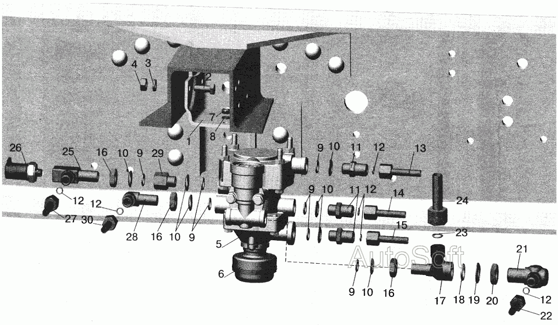 Установка клапана прицепа и присоединительной арматуры МАЗ-543203, 543202 МАЗ  6422