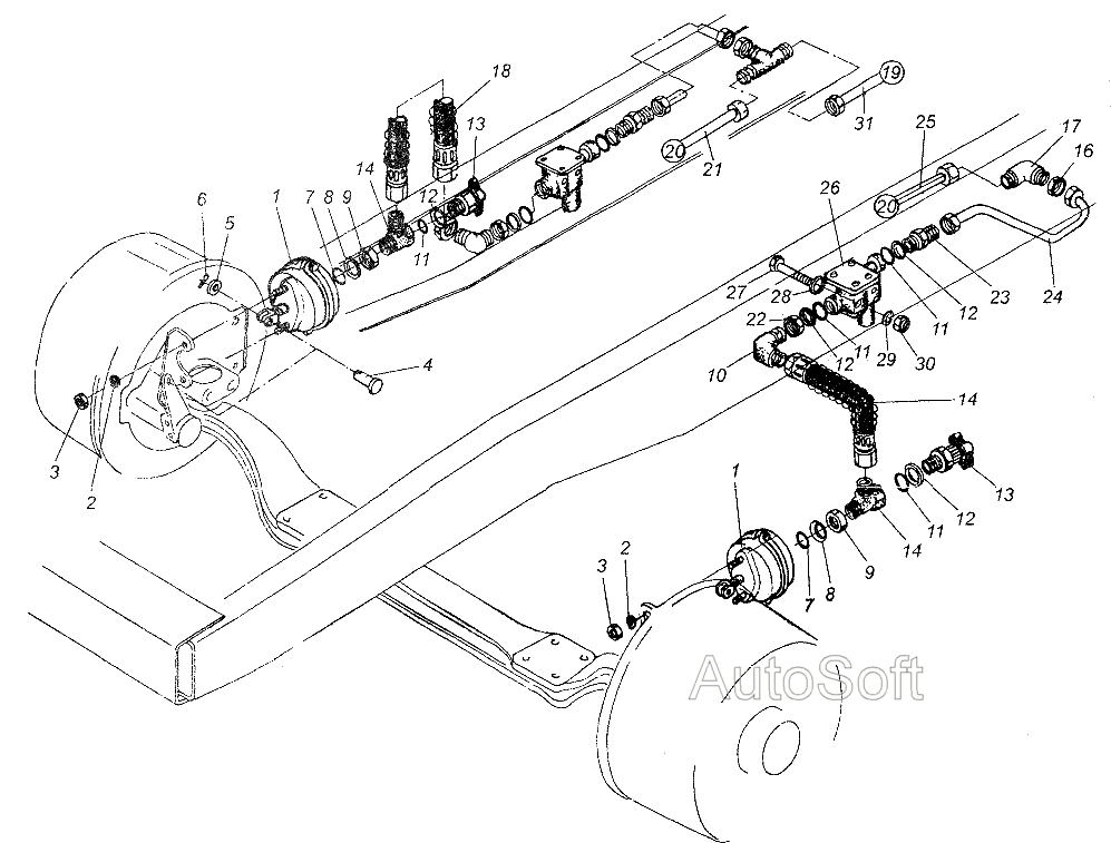 Крепление передних тормозных камер и трубопроводы МАЗ  64226