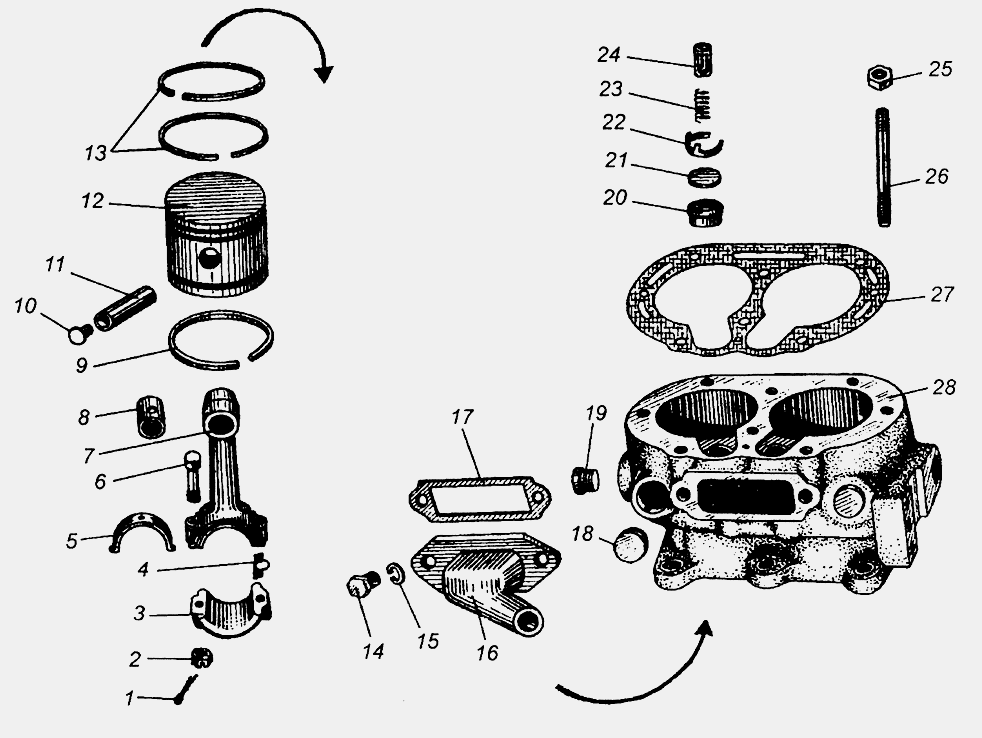 Блок цилиндров, поршни и шатуны компрессора МАЗ  504В