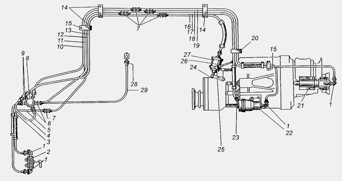 Воздухопроводы системы управления раздаточной коробкой МАЗ-509А МАЗ  504В