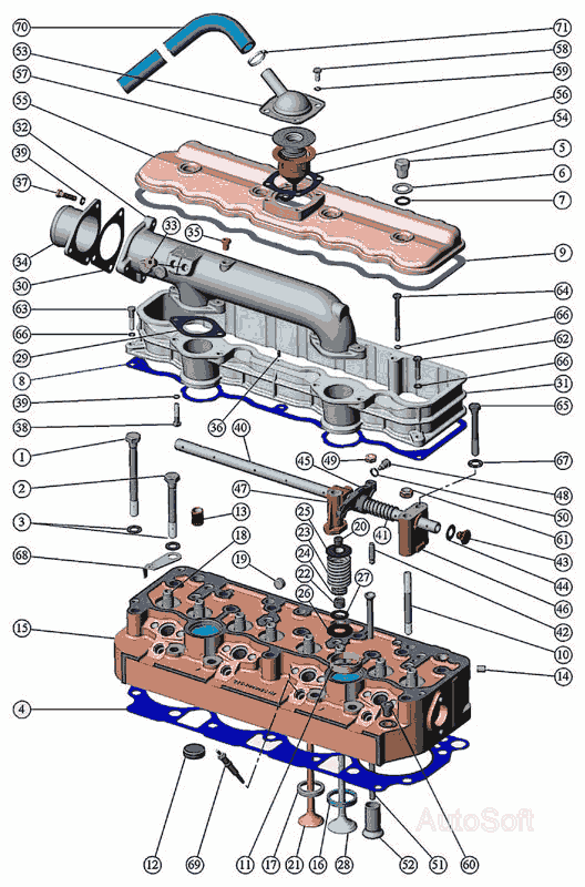 Установка головки цилиндров и впускного тракта, клапаны и толкатели клапанов Д  245.S3A