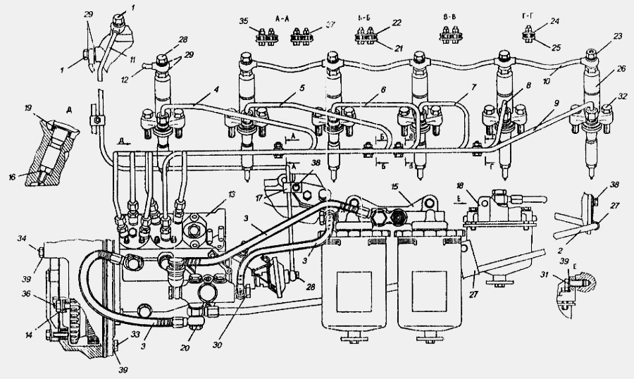 Топливные трубопроводы и установка топливной аппаратуры Д  260.1
