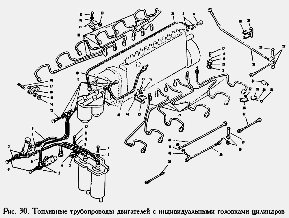 Топливные трубопроводы двигателей с индивидуальными головками цилиндров ЯМЗ  240